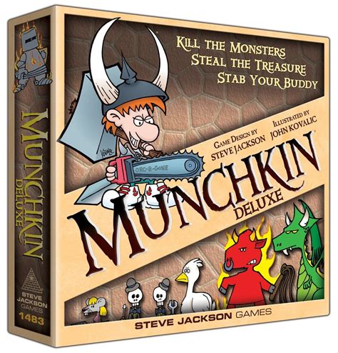 Munchkins card game - This award-winning card game, designed by Steve Jackson, captures the essence of the dungeon experience... with none of that stupid roleplaying stuff. You and your friends compete to kill monsters and grab magic items. And what magic items! Don the Horny Helmet and the Boots of Butt-Kicking. 